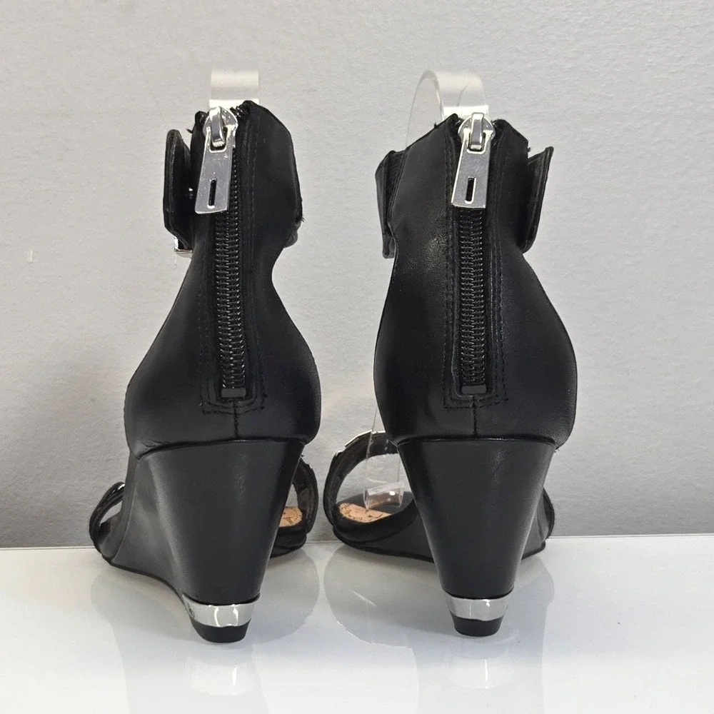 Sam Edelman Serena Wedge Sandals 7.5 Black Leather Silver Metal Indie Sleaze Y2K